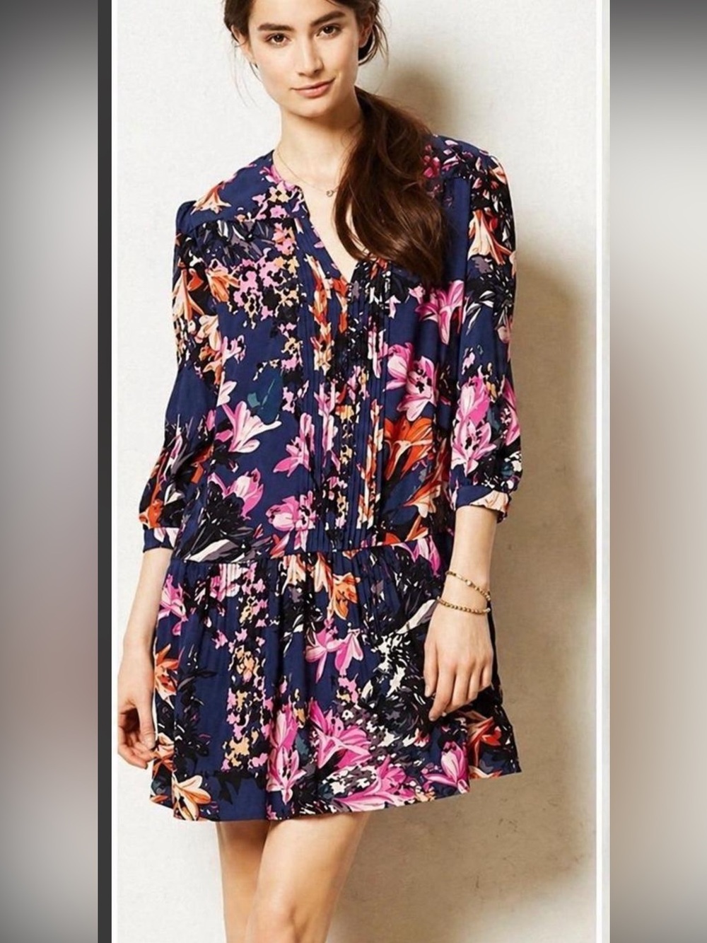 Anthropologie Maeve Caravane Navy Floral V-Neck dress with Pink & Orange Blooms